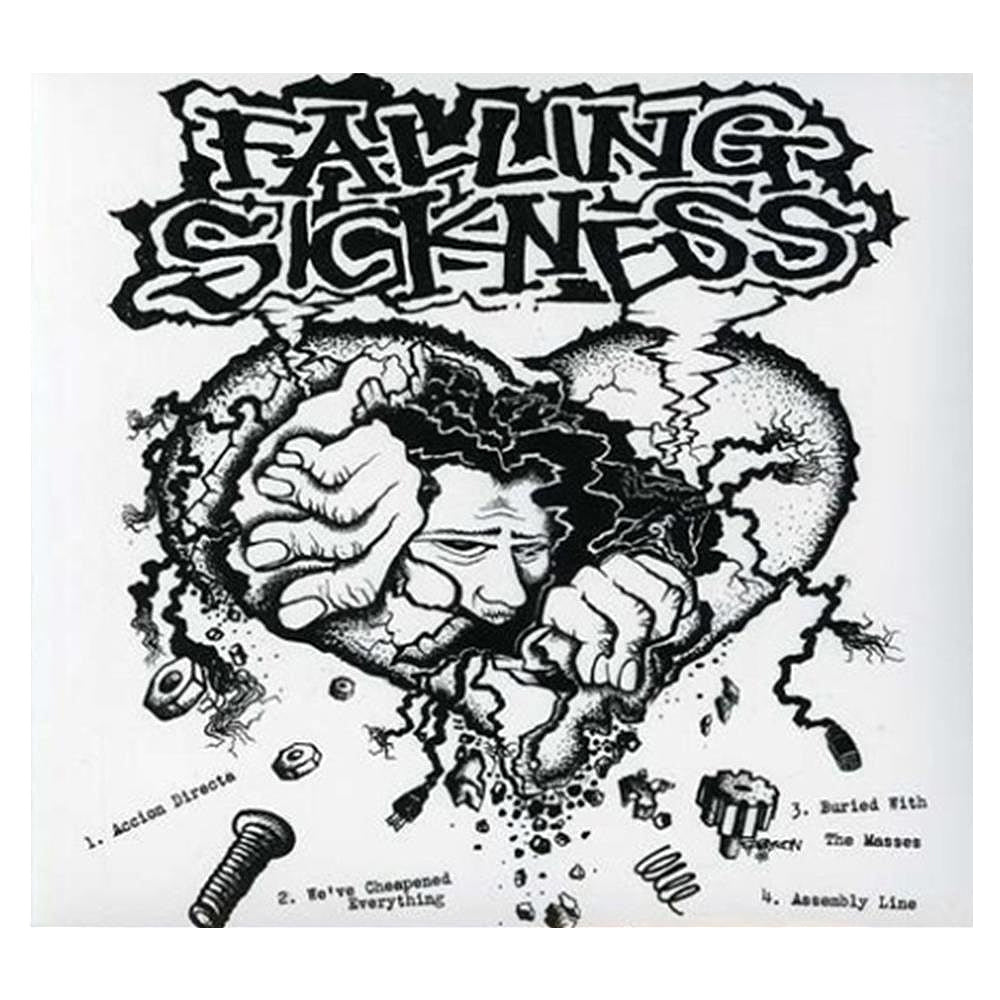 Black and white artwork for Falling Sickness features a cracked heart with a distressed face and hands bursting out. Above is the Falling Sickness logo; broken parts, screws, a setlist, and Dysentery are scrawled at the bottom. Brand: Falling Sickness.