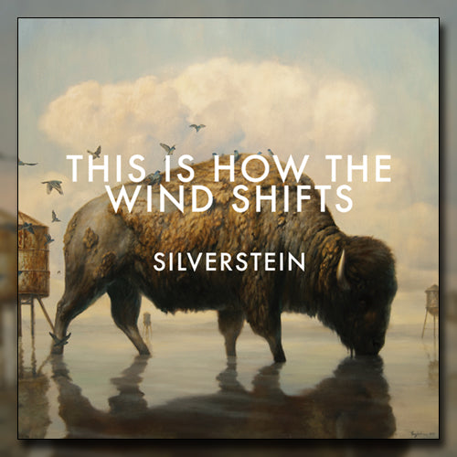 A large bison stands in shallow water below a cloudy sky, birds on its back. The text SILVERSTEIN appears in bold white letters, evoking the atmosphere of Brave Mountains and Silent Seas. Brand Name: Silverstein.