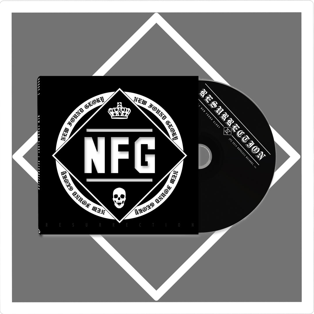 CD and case for Resurrection by New Found Glory, featuring a black and white design with bold NFG letters, a crown, skull, album title, and a diamond-patterned background.