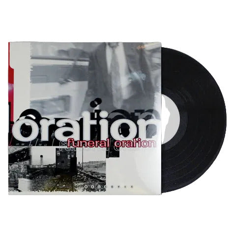 A black LP partially in its sleeve. The cover shows black-and-white abstract visuals with bold white and red “Funeral Oration” branding. A subtle gray “MERCHNOW” pattern repeats in the background.