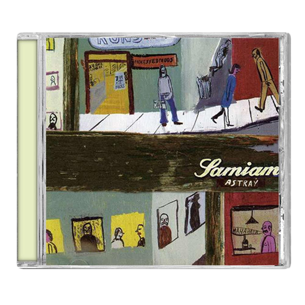 CD cover for Samiams Astray album shows illustrated people walking a street in Sunshine Wisconsin, portraits in windows, and the album title in white script on a wooden sign across the center. Brand: Samiam.