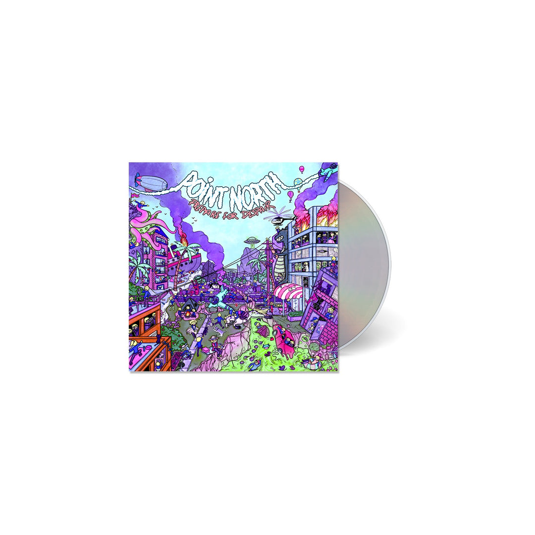 Point North’s “Brand New Vision” CD features a vibrant cartoon cover with a chaotic city, purple skies, and ruins, reflecting its cinematic electronics style. The partially visible disc sits behind the striking artwork. Brand: Point North.