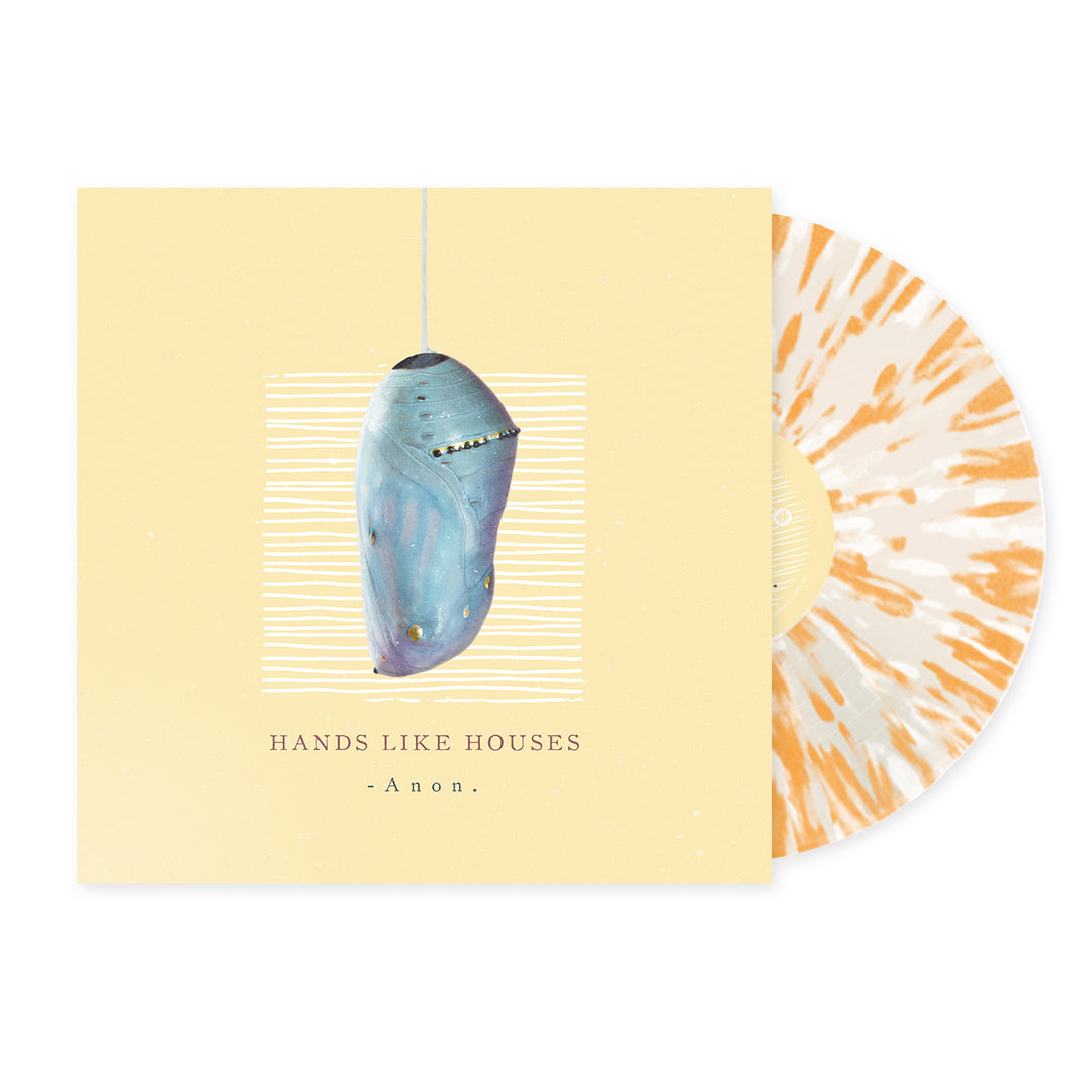A vinyl record with orange splatter peeks out from behind a pale yellow Hands Like Houses album cover, which shows a blue chrysalis on a line and the text HANDS LIKE HOUSES - Kingdom Come below the image.