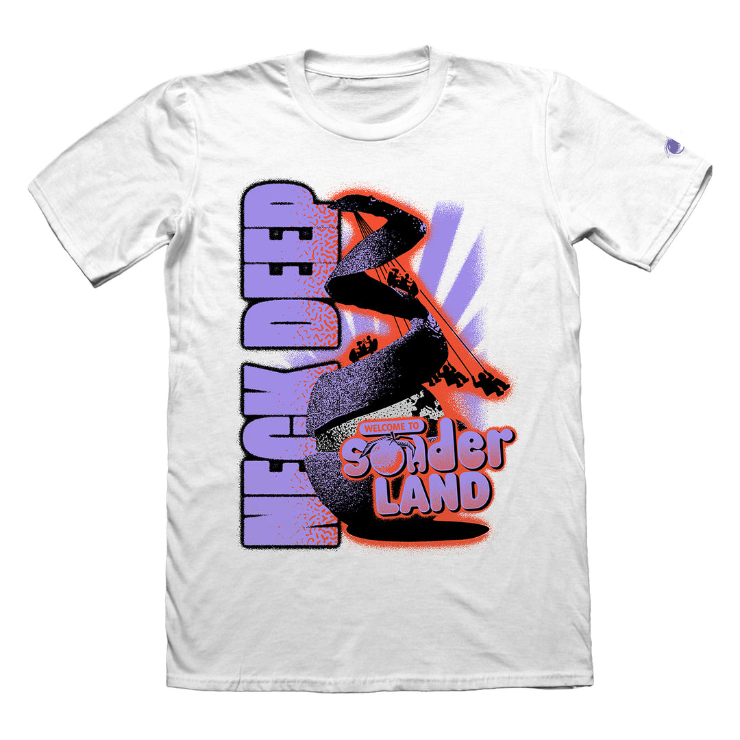 Neck Deep white t-shirt made from 100% cotton features bold NECK DEEP text on the left, a black road amidst purple and orange scenery, and WELCOME TO SUNDERLAND in stylized letters at the bottom right.