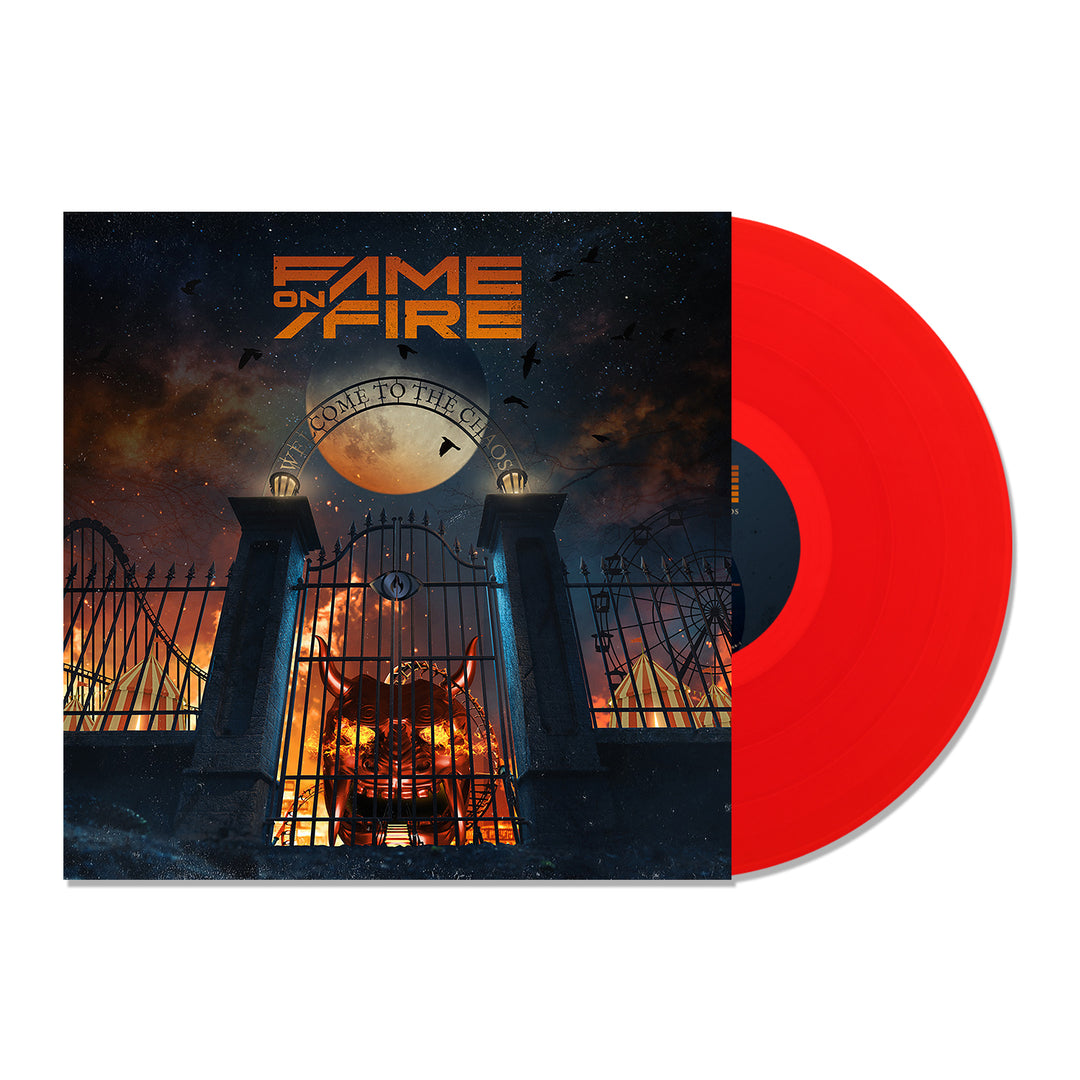 The image shows a Fame On Fire Red LP partially out of its sleeve. The dark sleeve artwork features a gated entrance with Welcome To The Chaos on an arch, under an ominous sky, and the band name at the top.