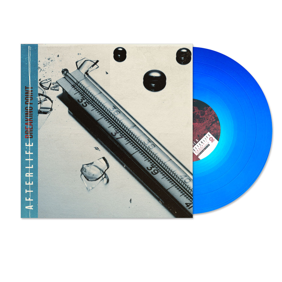 A sea blue vinyl record from Afterlife partially slides out of an album cover showing a broken thermometer, scattered glass shards, and black liquid drops. The cover reads “AFTERLIFE” and “BREAKING POINT,” with the tracklist inside.
