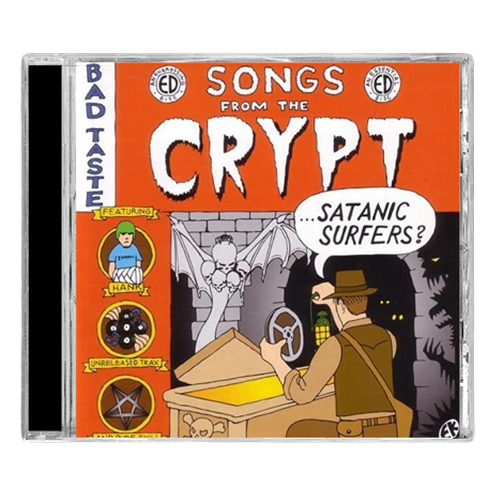 The CD cover for Satanic Surfers, Songs From The Crypt, features comics-style art: a man in a hat opens a crypt as a quirky bat-like creature looms behind him with a speech bubble saying Satanic Surfers? on an orange background.