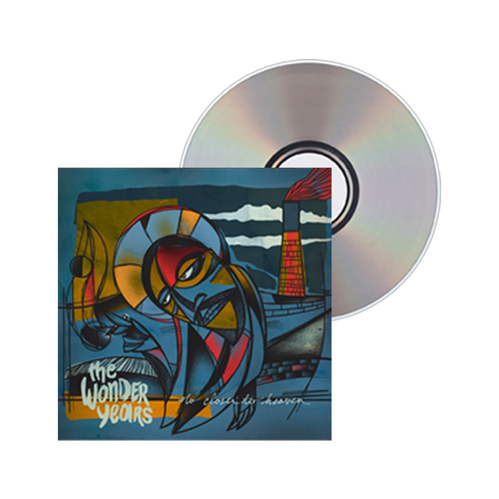 A CD and case by The Wonder Years, featuring abstract, colorful geometric artwork with a stylized face and the album title No Closer to Heaven on the cover, plus a tracklist including Brothers & Cardinals.
