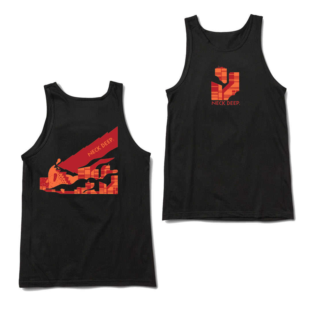 Neck Deep black tank top with red and orange graphics; front displays a stylized ND logo and NECK DEEP text, while the back features a person pointing with NECK DEEP in a speech bubble above.