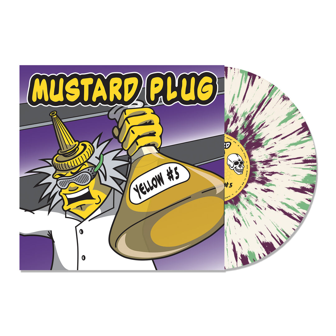 A cartoon scientist with a yellow lab flask labeled Yellow #5 appears on Mustard Plug’s album cover. The limited edition white vinyl LP features yellow and purple splatter, visible next to the bold artwork.