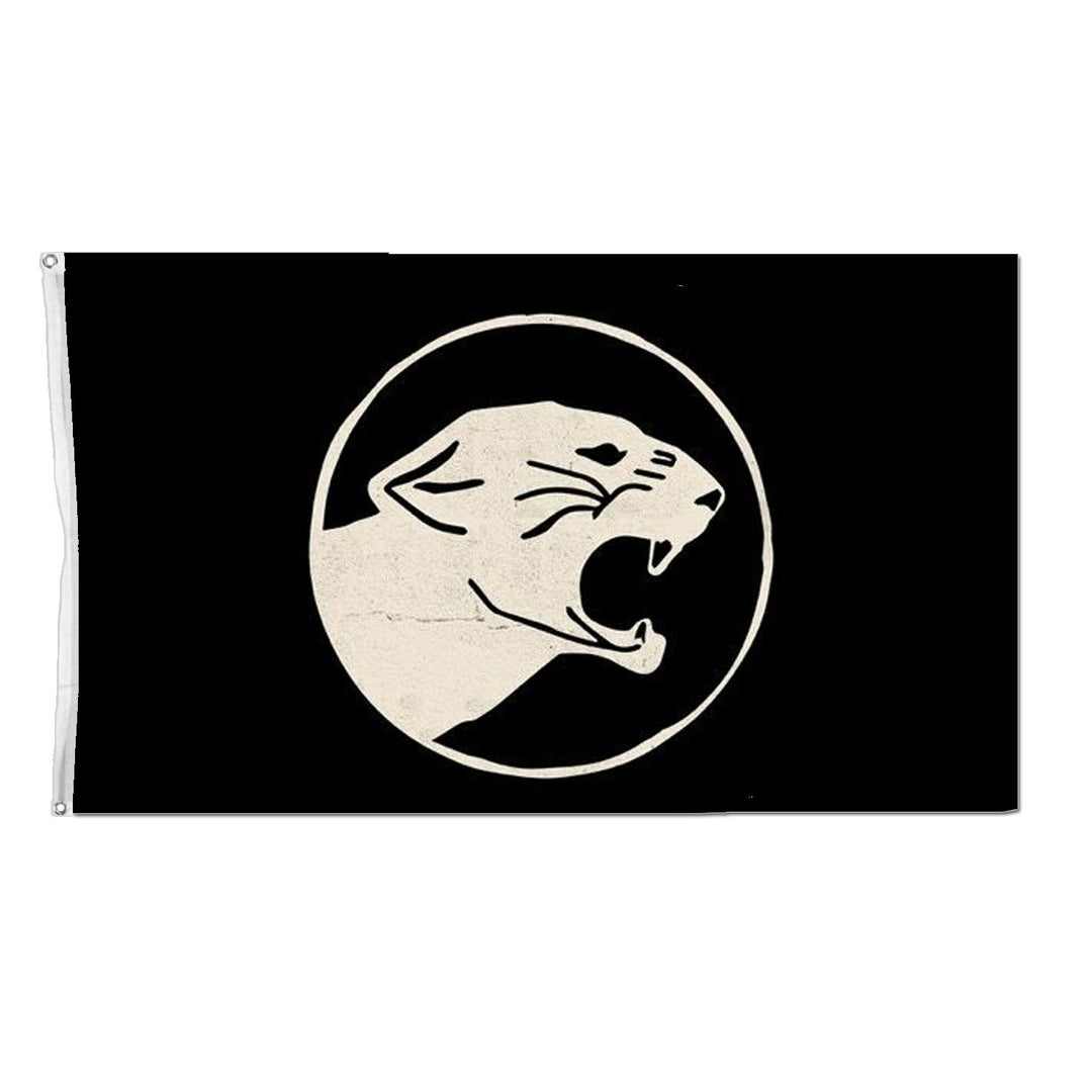This 3X5 flag by Taking Back Sunday features a white, roaring panther’s head inside a bold white circle on a plain black background.