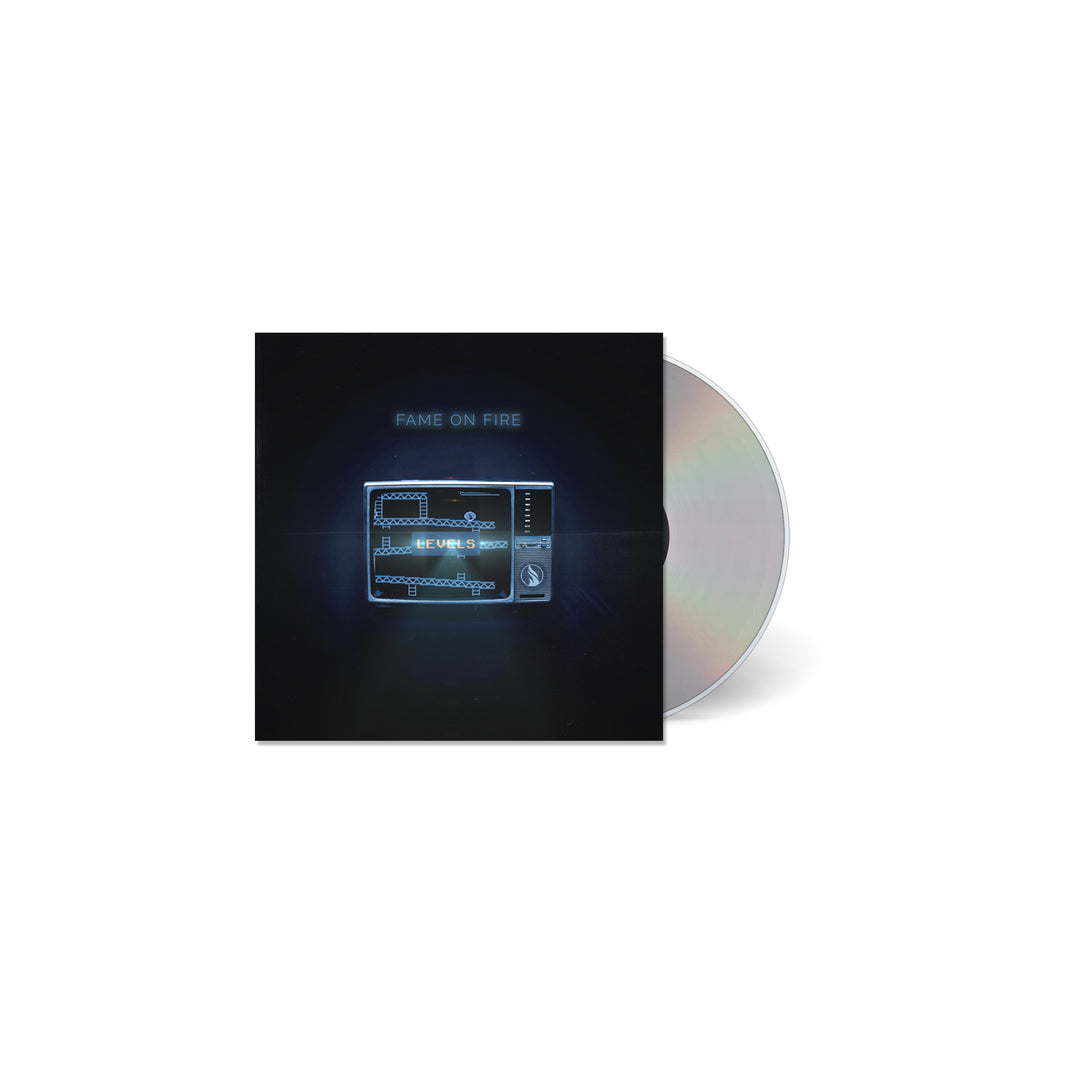 Fame on Fire "levels" CD album cover on a white background. Album cover shows a vintage TV screen showing a video game level. 
