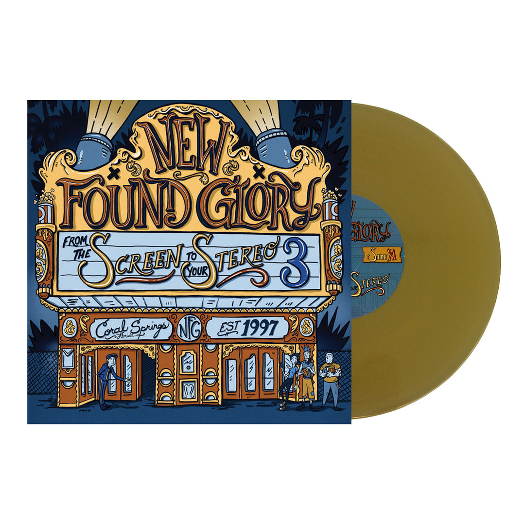 A gold vinyl record slides out of a colorful album cover with illustrated marquee art. The cover displays New Found Glory: From The Screen to Your Stereo 3 along with decorative details and a unique tracklisting.