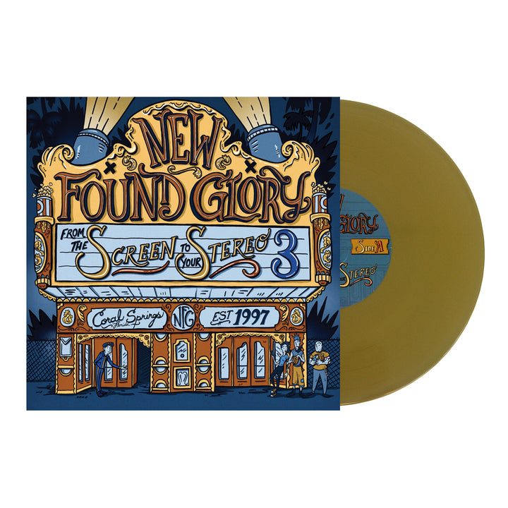 A gold vinyl record slides out of a colorful album cover with illustrated marquee art. The cover displays New Found Glory: From The Screen to Your Stereo 3 along with decorative details and a unique tracklisting.