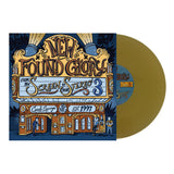 A gold vinyl record slides out of a colorful album cover with illustrated marquee art. The cover displays New Found Glory: From The Screen to Your Stereo 3 along with decorative details and a unique tracklisting.